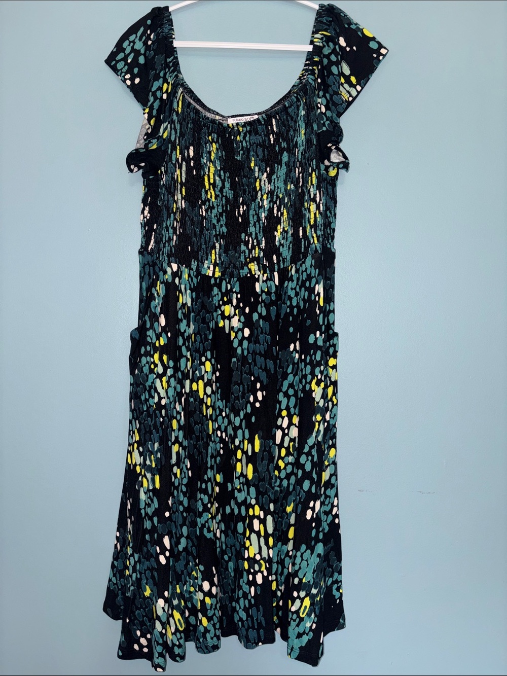 NWT 2XL TORRID Black Knit Dress with Teal, Aqua & Yellow Abstract Print- AS IS